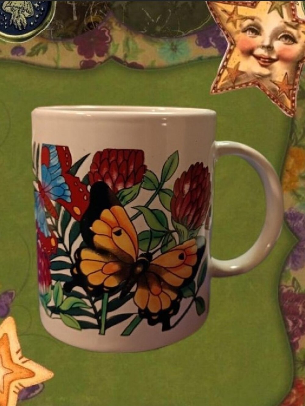 VTG McCrary Stores Cream & Multicolored Floral & Butterfly Pattern Ceramic Mug